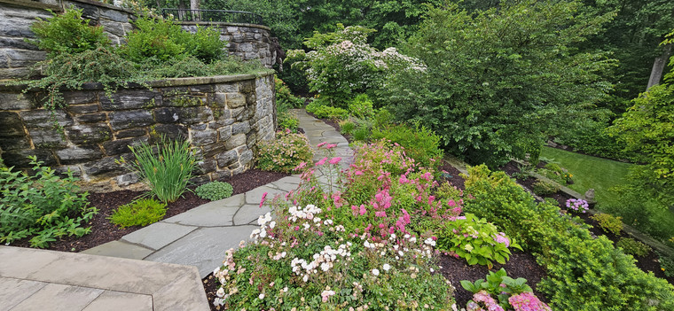 Stone retaining wall with flagstone path and lush flowering perennial border