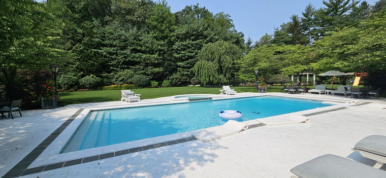 Rectangular pool with travertine deck and mature evergreen privacy hedge